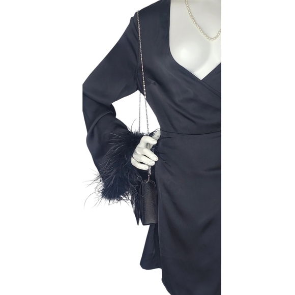 NWT Glamorous Black Satin Feather Wrap Mini Dress Medium | Night Out Luxe - Picture 2 of 7